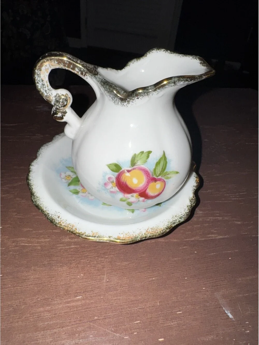 Vintage Japan HOMCO Small Porcelain Pitcher Creamer and Saucer Gold Trim Floral